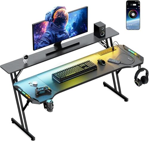 55 Inch Gaming Desk, Smart Computer Gamer Desk with LED Lights & Mouse Pad, Gaming Table with Power Outlet, Monitor Stand, Side Hook, Ergonomic Work Desks for Home Office, Carbon Fiber Black