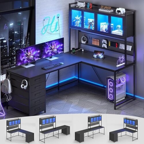 Aheaplus L Shaped Gaming Desk with Power Outlets & LED Lights, Small L- Shaped Desk Computer Corner Desk with Monitor Stand & Storage Shelf, Home Office Desk Writing Desk with Storage Bag, Black